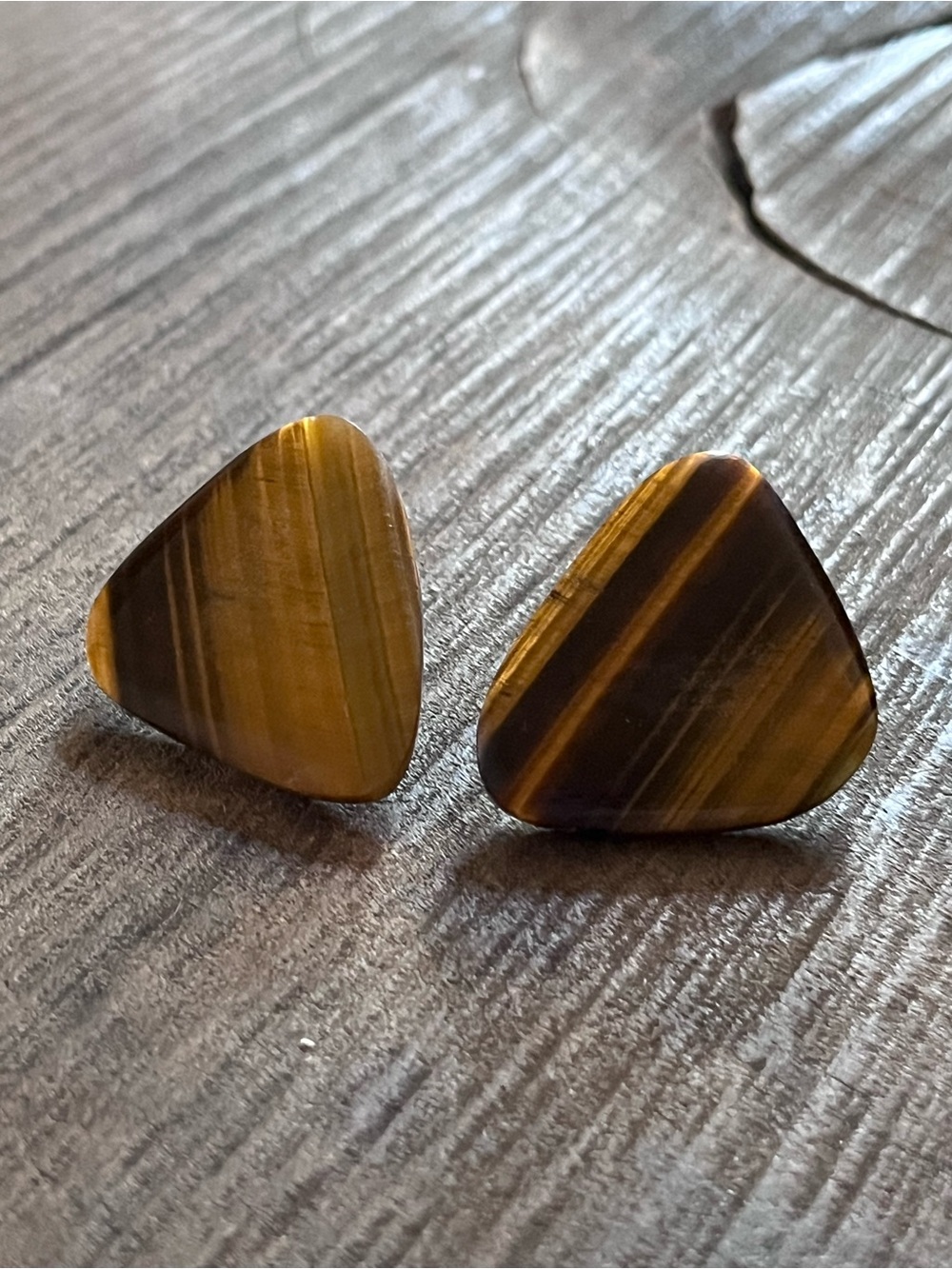 Genuine Tiger Eye Triangle Clip On Earrings - Brown Gold Tone